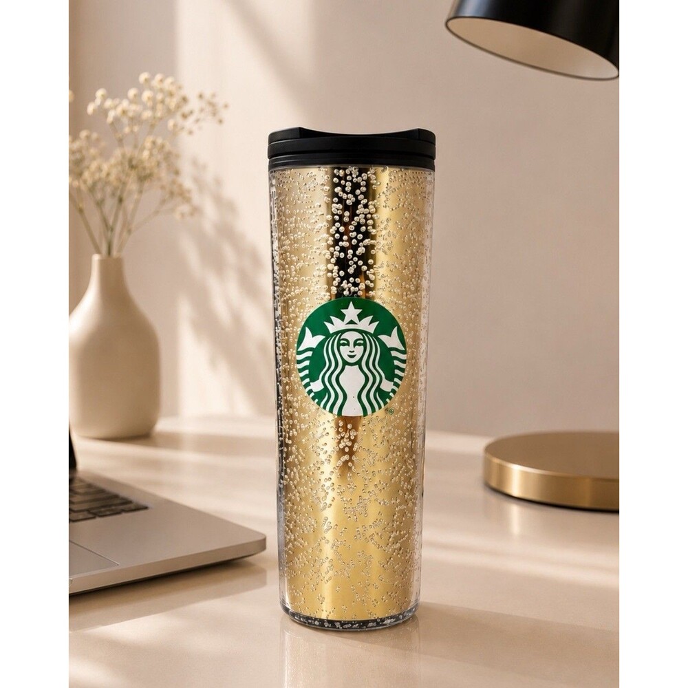 Starbucks Tumbler Gold Black 16oz Bubble Travel Mug Coffee Cup Gifts Reusable - Picture 10 of 10